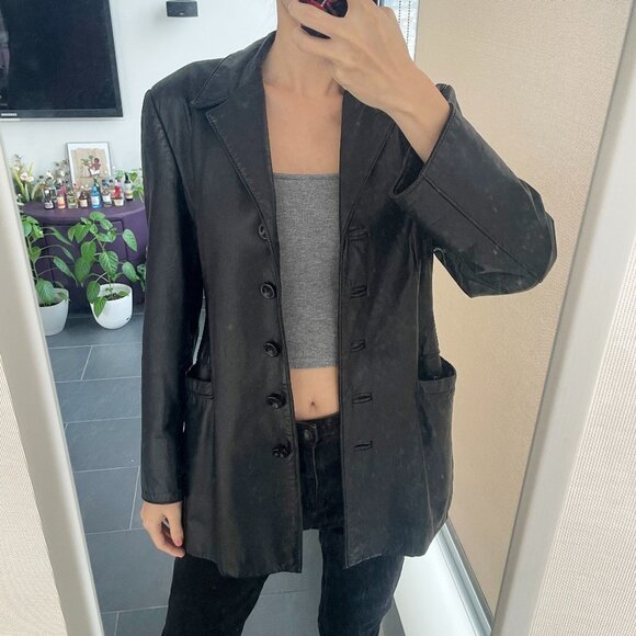 Vintage Black Leather Blazer: 90s Retro Jacket - Picture 1 of 11